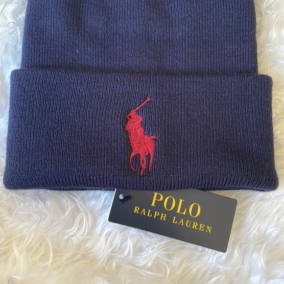 Brand New Polo Ralph Lauren Navy Blue Knit Cuff Beanie Hat Embroidered Big Pony - Picture 3 of 9